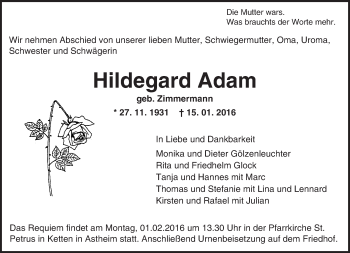 Traueranzeige von Hildegard Adam von trauer.echo-online.de
