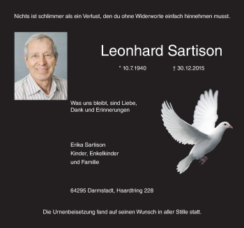 Traueranzeige von Leonhard Sartison von trauer.echo-online.de