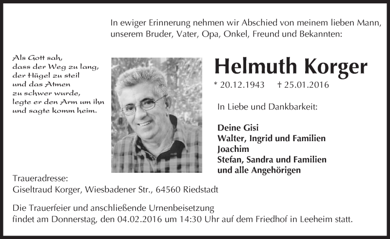  Traueranzeige für Helmuth Korger vom 30.01.2016 aus trauer.echo-online.de