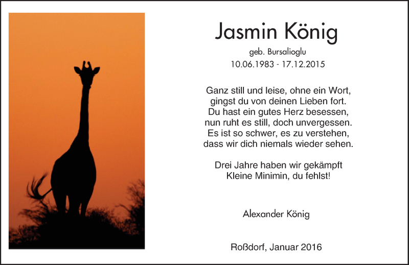  Traueranzeige für Jasmin König vom 08.01.2016 aus trauer.echo-online.de