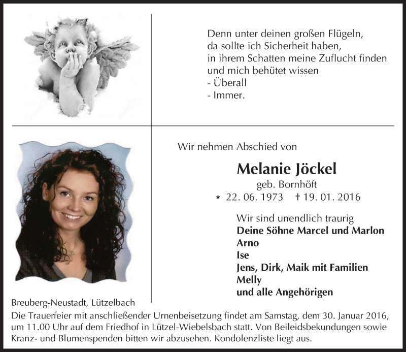  Traueranzeige für Melanie Jöckel vom 27.01.2016 aus trauer.echo-online.de