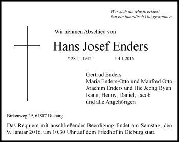 Traueranzeige von Hans Josef Enders von trauer.echo-online.de