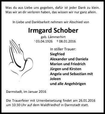 Traueranzeige von Irmgard Schober von trauer.echo-online.de