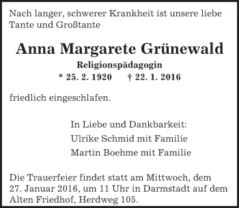 Traueranzeige von Anna Margarete Grünewald von trauer.echo-online.de