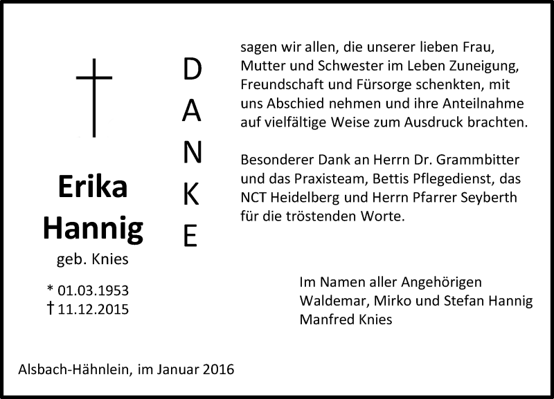  Traueranzeige für Erika Hannig vom 09.01.2016 aus trauer.echo-online.de