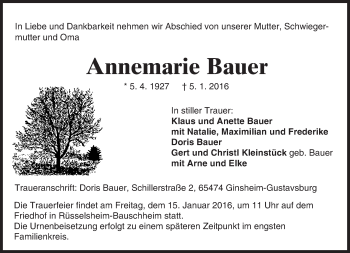 Traueranzeige von Annemarie Bauer von trauer.echo-online.de