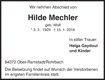 Traueranzeige von Hilde Mechler von trauer.echo-online.de
