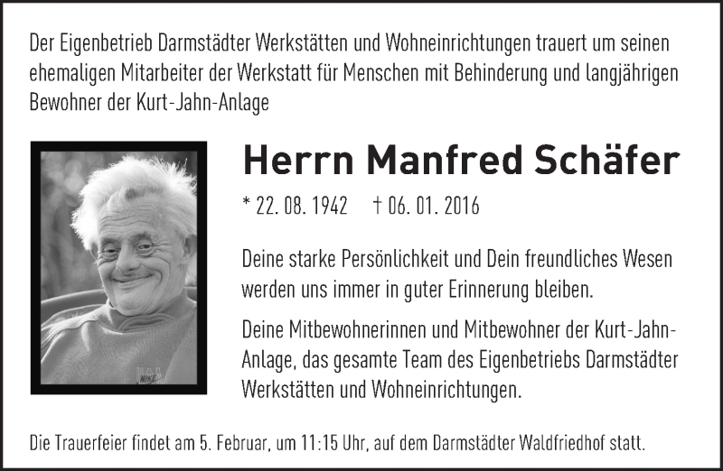  Traueranzeige für Manfred Schäfer vom 30.01.2016 aus trauer.echo-online.de