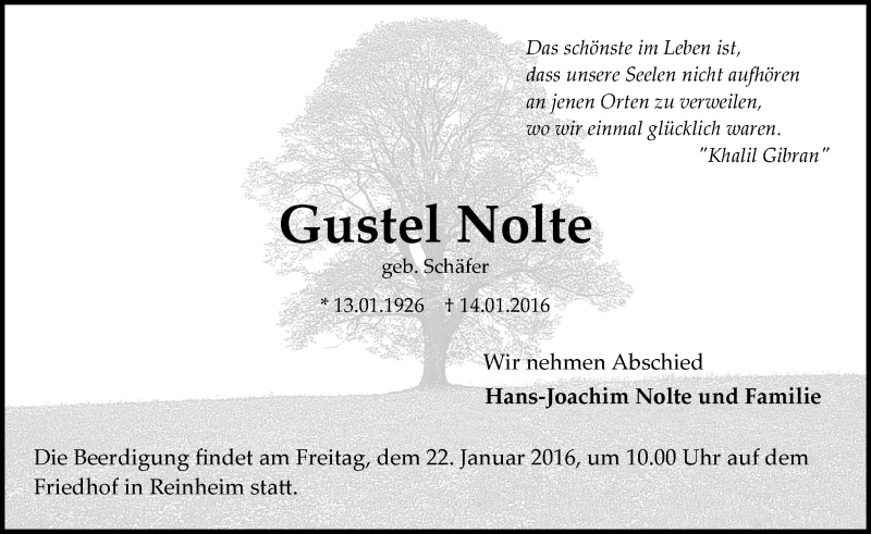  Traueranzeige für Gustel Nolte vom 20.01.2016 aus trauer.echo-online.de