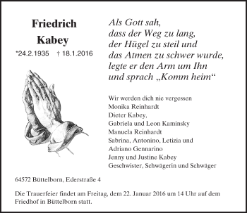 Traueranzeige von Friedrich Kabey von trauer.echo-online.de