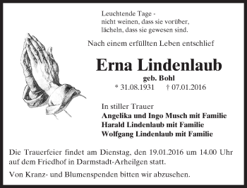 Traueranzeige von Erna Lindenlaub von trauer.echo-online.de