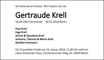 Traueranzeige von Gertraude Krell von trauer.echo-online.de