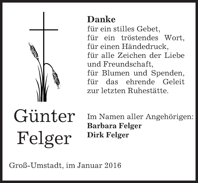 Traueranzeige für Günter Felger vom 09.01.2016 aus trauer.echo-online.de