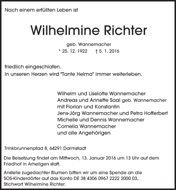 Traueranzeige von Wilhelmine Richter von trauer.echo-online.de