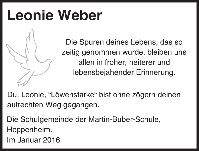  Traueranzeige für Leonie Weber vom 15.01.2016 aus trauer.echo-online.de
