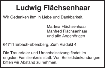 Traueranzeige von Ludwig Flächsenhaar von trauer.echo-online.de