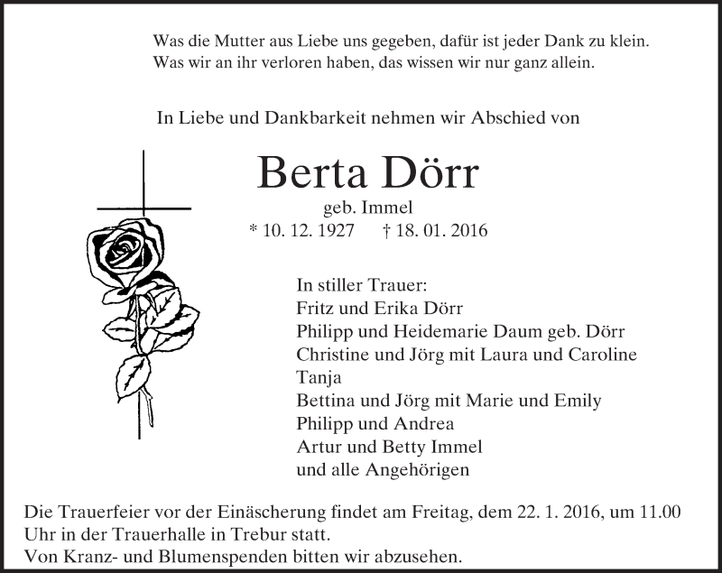 Traueranzeige für Berta Dörr vom 21.01.2016 aus trauer.echo-online.de