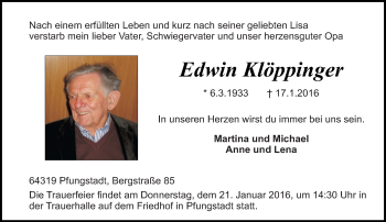 Traueranzeige von Edwin Klöppinger von trauer.echo-online.de