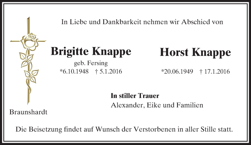  Traueranzeige für Brigitte und Horst Knappe vom 23.01.2016 aus trauer.echo-online.de