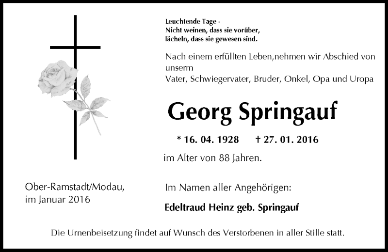  Traueranzeige für Georg Springauf vom 30.01.2016 aus trauer.echo-online.de