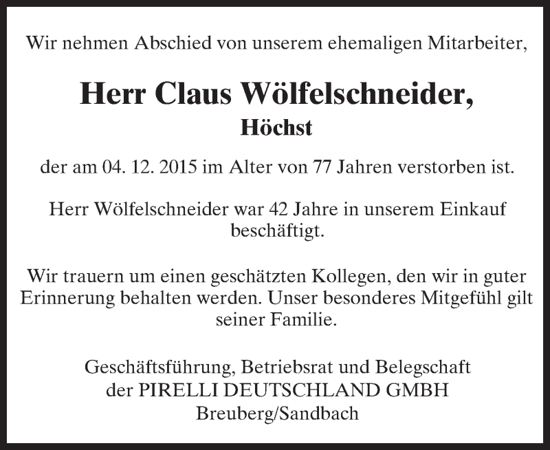  Traueranzeige für Claus Wölfelschneider vom 28.01.2016 aus trauer.echo-online.de