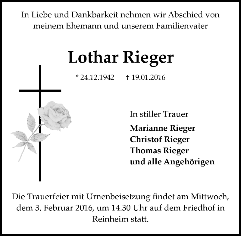  Traueranzeige für Lothar Rieger vom 30.01.2016 aus trauer.echo-online.de