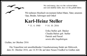 Traueranzeige von Karl-Heinz Steller von  Gießener Anzeiger