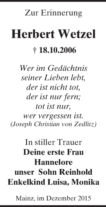 Traueranzeige von Herbert Wetzel von Trauerportal Rhein Main Presse