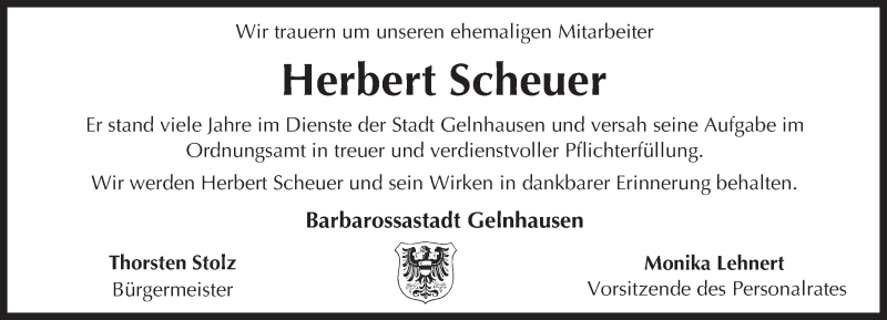  Traueranzeige für Herbert Scheuer vom 22.10.2016 aus  Gelnhäuser Tageblatt