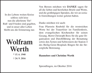 Traueranzeige von Wolfram Werth von Trauerportal Rhein Main Presse