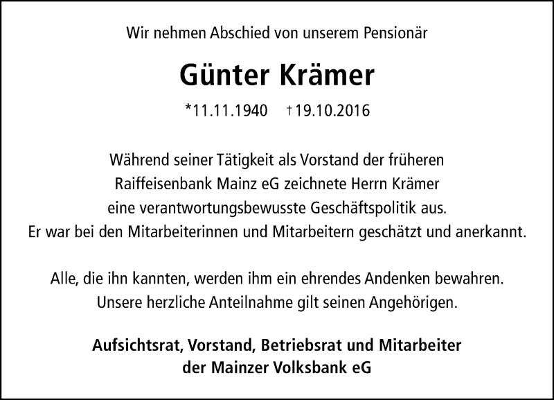  Traueranzeige für Günter Krämer vom 29.10.2016 aus Trauerportal Rhein Main Presse