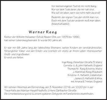 Traueranzeige von Werner Reeg von Trauerportal Rhein Main Presse
