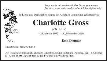 Traueranzeige von Charlotte Gross von Trauerportal Rhein Main Presse