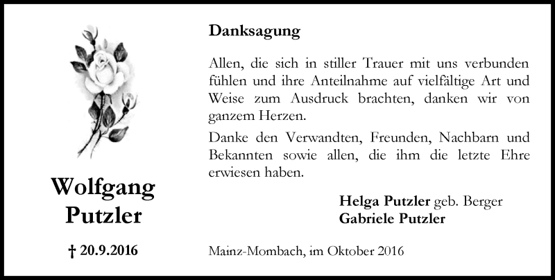  Traueranzeige für Wolfgang Putzler vom 15.10.2016 aus Trauerportal Rhein Main Presse