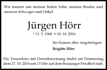 Traueranzeige von Jürgen Hörr von Trauerportal Echo Online