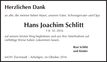 Traueranzeige von Hans Joachim Schlitt von Trauerportal Echo Online