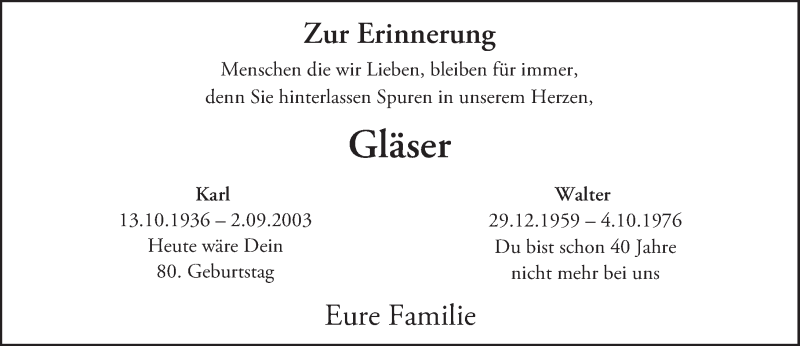  Traueranzeige für Karl und Walter Gläser vom 13.10.2016 aus Trauerportal Echo Online
