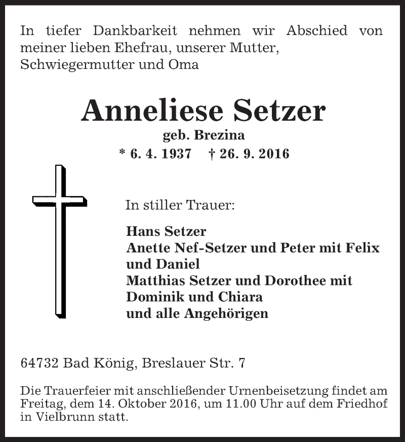  Traueranzeige für Anneliese Setzer vom 11.10.2016 aus Trauerportal Echo Online