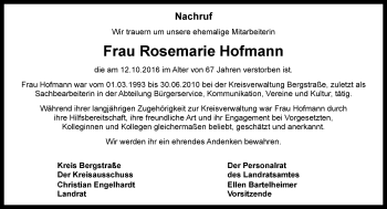 Traueranzeige von Rosemarie Hofmann von Trauerportal Echo Online
