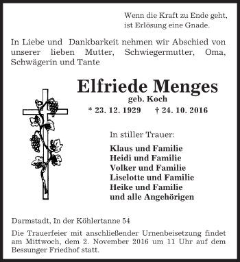Traueranzeige von Elfriede Menges von Trauerportal Echo Online