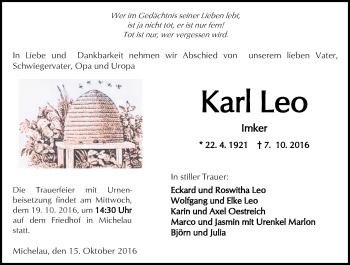 Traueranzeige von Karl Leo von  Kreisanzeiger