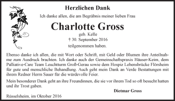 Traueranzeige von Charlotte Gross von Trauerportal Rhein Main Presse