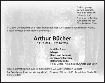 Traueranzeige von Arthur Bücher von Trauerportal Rhein Main Presse