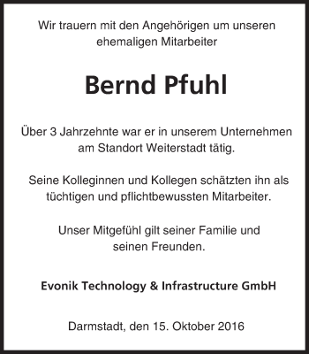 Traueranzeige von Bernd Pfuhl von Trauerportal Echo Online