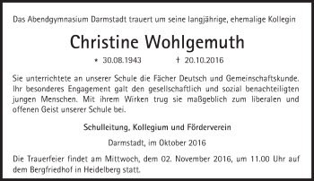 Traueranzeige von Christine Wohlgemuth von Trauerportal Echo Online