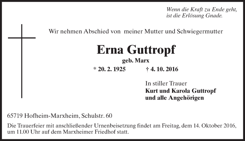  Traueranzeige für Erna Guttropf vom 07.10.2016 aus Trauerportal Rhein Main Presse