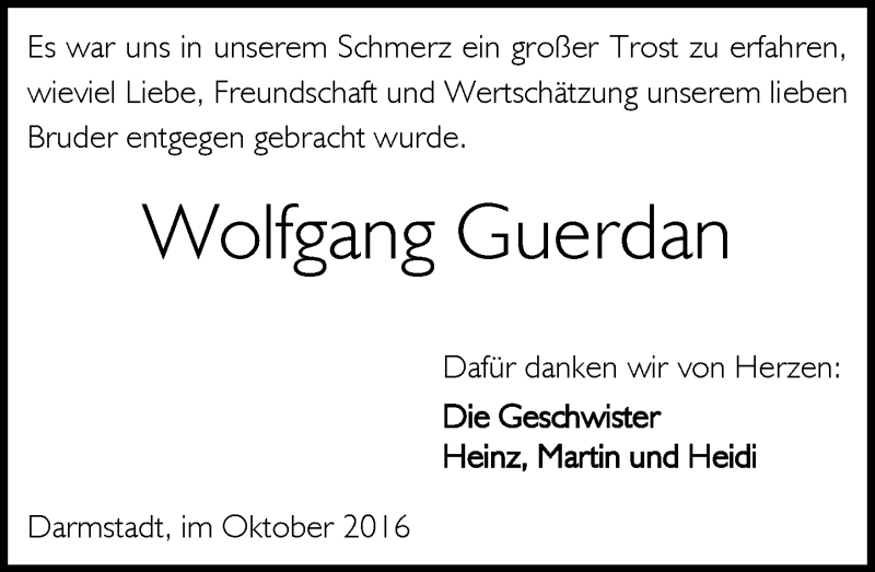  Traueranzeige für Wolfgang Guerdan vom 29.10.2016 aus Trauerportal Echo Online