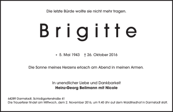 Traueranzeige von Brigitte  von Trauerportal Echo Online