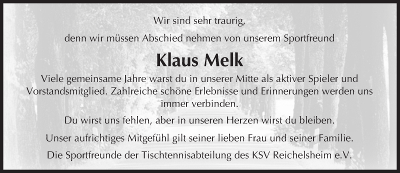  Traueranzeige für Klaus Melk vom 31.10.2016 aus Trauerportal Echo Online