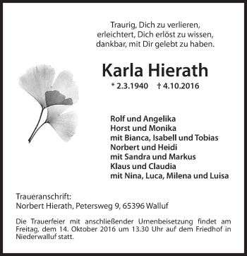Traueranzeige von Karla Hierath von Trauerportal Rhein Main Presse